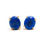 Natural Blue Lapis Oval Handmade Gold Stud Earrings Birthday Gift