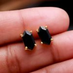 Natural Black Onyx Elongated Hexagon Stud Earrings Handmade Gold Jewelry