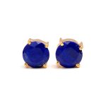Natural Blue Lapis Lazuli Round Crystal Gold Stud Earrings Engagement Gift