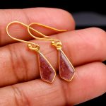 Natural Strawberry Quartz Kite Dangle Earrings Boho Gold Jewelry