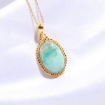 Natural Larimar Oval Shape Gemstone Necklace 14K Gold Engagement Jewelry For Her