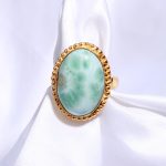 Natural Larimar Oval Shape Bohemian Ring 14K Gold Engagement Jewelry