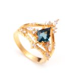 Natural London Blue Topaz Kite Shape Designer Ring 14K Gold Wedding Jewelry