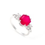 Natural Hot Pink Chalcedony Hexagon Shape Wedding Ring 925 Sterling Silver Jewelry For Bride