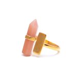 Natural Peach Moonstone Pencil Ring Statement Gold Jewelry For Her Wedding Gift