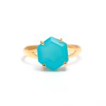 Natural Blue Chalcedony Hexagon Bohemian Ring Healing Gold Jewelry Gifts