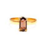 Natural Smoky Elongated Hexagon Cut Ring 14K Gold Unique Jewelry