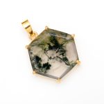 Natural Moss Agate Hexagon Bohemian Pendant 14K Gold Unique Jewelry