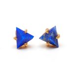 Natural Lapis Lazuli Triangle Shape Stud Earrings 14K Gold Vintage Jewelry Boho Gift