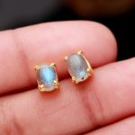 Natural Labradorite Oval Stud Earrings 14K Gold Minimalist Jewelry Wedding Gift