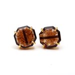 Natural Smoky Quartz Octagon Vintage Stud Earrings 14k Gold Crystal Jewelry