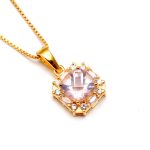 Natural Rose Quartz Cushion Shape Chain Necklace 14K Gold Jewelry Birthday Gift