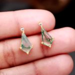 Natural Moss Agate Kite Shape Minimalist Stud Earrings 14k Gold Unique Jewelry