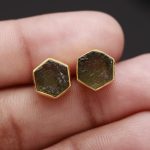 Natural Raw Moldavite Hexagon Stud Earrings 14k Gold Designer Jewelry For Daughter