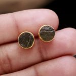 Natural Raw Moldavite Round Dainty Stud Earrings 14k Gold Jewelry Gift For Wife