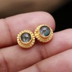 Natural Moss Agate Round Shape Designer Stud Earrings 14k Gold Unique Jewelry