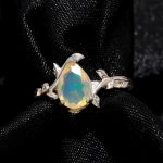 Natural Ethiopian Opal Pear Leaf Solitaire Ring 925 Sterling Silver Jewelry Engagement Gift