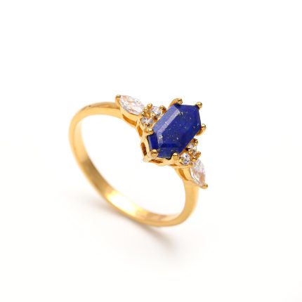 Natural Lapis Lazuli Elongated Hexagon Elegant Ring 14K Gold Jewelry For Wife