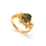 Natural Rough Moldavite Hexagon Statement Ring Solid Gold Engagement Jewelry