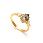 Natural Moss Agate Elongated Hexagon Unique Ring For Bridesmaids 14k Gold Jewelry