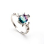 Natural Rainbow Fluorite Pear Leaf Anniversary Ring 925 Sterling Silver Vintage Jewelry