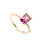 Natural Pink Topaz Emerald Octagon Shape Promise Ring 14K Gold Healing Jewelry