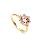 Natural Pink Dot Quartz Hexagon Shape Unique Ring 14K Gold Statement Jewelry
