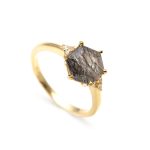 Natural Black Rutile Quartz Hexagon Shape Statement Ring 14K Gold Vintage Jewelry