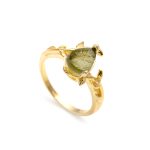 Natural Rough Moldavite Pear Leaf Design Ring 14K Gold Beautiful Jewelry Engagement Gift