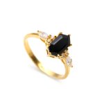 Natural Black Onyx Elongated Hexagon Shape Healing Ring 14K Gold Statement Jewelry For Him