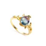 Natural Fluorite Pear Shape Leaf Design Ring 14K Gold Handmade Jewelry For Bridesmaids