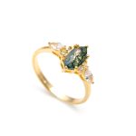 Natural Moss Agate Marquise Shape Healing Ring 14K Gold Handmade Jewelry For Wife