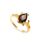 Natural Smoky Quartz Pear Shape Leaf Wedding Ring 14K Gold Engagement Jewelry For Her