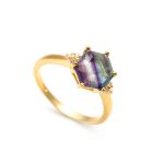 Natural Rainbow Fluorite Hexagon Shape Ring 14K Gold Statement Boho Jewelry For Women