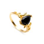 Natural Black Onyx Pear Shape Leaf Design Ring 14K Gold Wedding Jewelry For Women