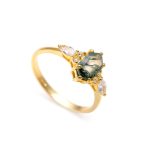 100% Natural Moss Agate Elongated Hexagon Ring 14K Gold Boho Jewelry For Wedding