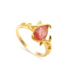 Natural Strawberry Quartz Pear Shape Ring 14K Gold Leaf Jewelry Birthday Gift