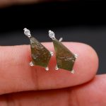 Natural Moldavite Meteorite Kite Stud Earrings 925 Sterling Silver Healing Crystal Studs