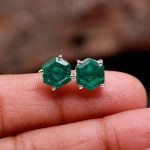 Lab Emerald Hexagon Tiny Stud Earrings 925 Sterling Silver Vintage Jewelry Halloween Gift