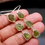 Natural Green Peridot Rough Stone Dangle Earrings 925 Sterling Silver Wedding Jewelry