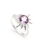 Natural Pink Amethyst Round Crystal Ring 925 Sterling Silver Sun & Moon Ring