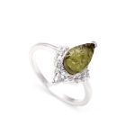 Natural Moldavite Pear Shape Statement Ring 925 Sterling Silver Raw Crystal Ring