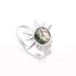 Natural Moss Agate Round Sun & Moon Stackable Ring 925 Sterling Silver Jewelry