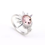 Natural Pink Dot Quartz Round Stone Ring 925 Sterling Silver Sun & Moon Ring