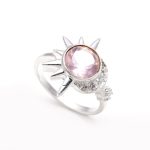 Natural Rose Quartz Round Stackable Sterling Silver Sun & Moon Gemstone Ring