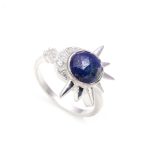 Natural Blue Lapis Round Crystal Ring 925 Sterling Silver Sun & Moon Unique Ring