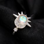 Natural Rainbow Moonstone Round Engagement Ring Solid Silver Sun & Moon Ring