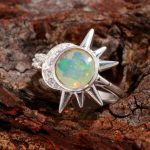 Natural Ethiopian Opal Round Ring 925 Sterling Silver Crescent Moon Diamond Ring