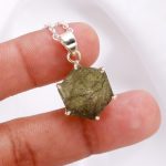 Natural Moldavite Hexagon Rough Crystal Chain Pendant 925 Sterling Silver Jewelry