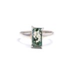 Natural  Moss Agate Octagon Healing Crystal Ring 925 Sterling Silver Boho Jewelry